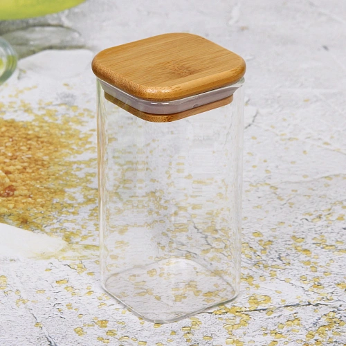 Банка для продуктов стеклянная 300мл Хай-Тек с бамбуковой крышкой, квадратная 612см_4
