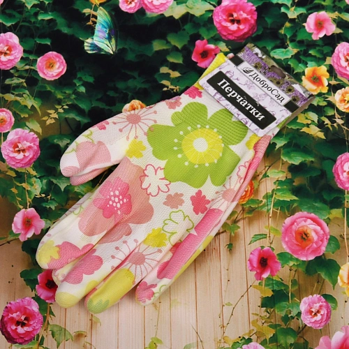 Перчатки нейлоновые с ПВХ покрытием полуоблитые 8 размер Цветочный рай ДоброСад_5