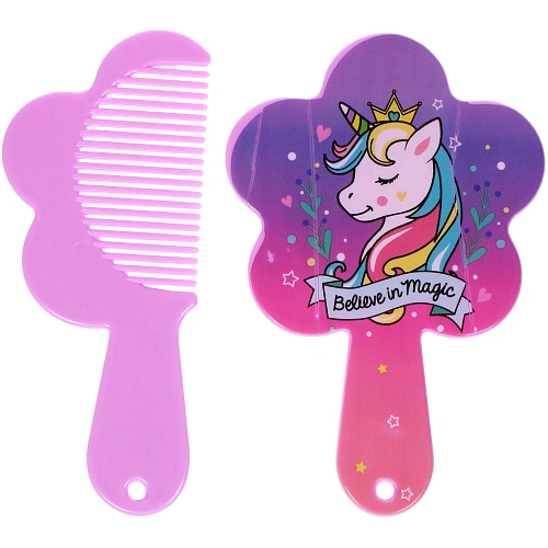 Расческа с зеркалом в наборе детские МИМИШКИ, единорог, цвет розово-фиолетовый, 11см _3
