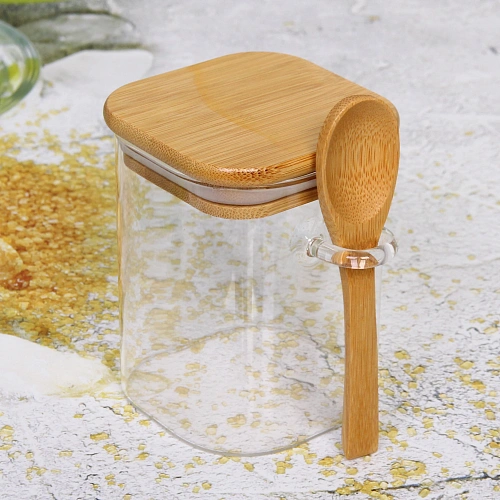 Банка для продуктов стеклянная 450мл Хай-Тек с бамбуковой крышкой и ложкой, квадратная 810см_3