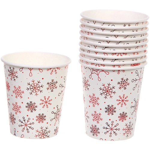 Стакан бумажный 0,2л в наборе 10 шт "Снежные искры", красный