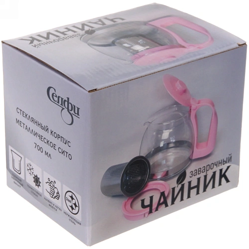Чайник заварочный стеклянный 700 мл с металлическим ситом большая ручка Селфи, микс_8