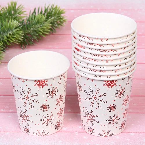 Стакан бумажный 0,2л в наборе 10 шт Снежные искры, красный_4