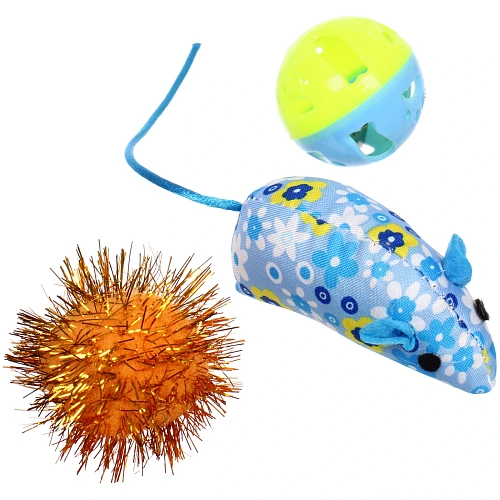 Игрушки для кошек в наборе 3шт "ИГРУЛИК", цвет синий и зеленый, 