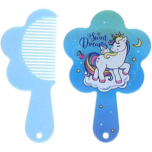 Расческа с зеркалом в наборе детские МИМИШКИ, единорог, цвет голубой, 11см _3
