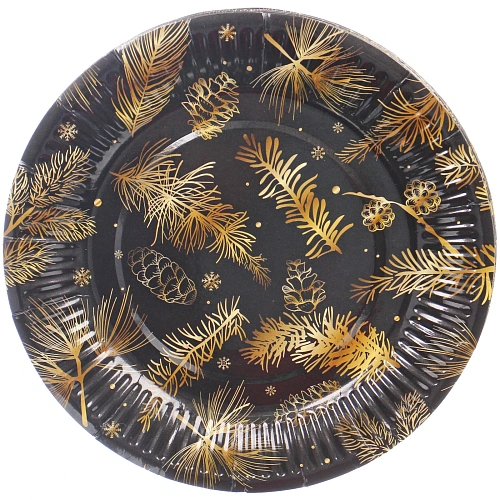 Тарелка бумажная 18 см в наборе 10 шт "Хвойная веточка", черный