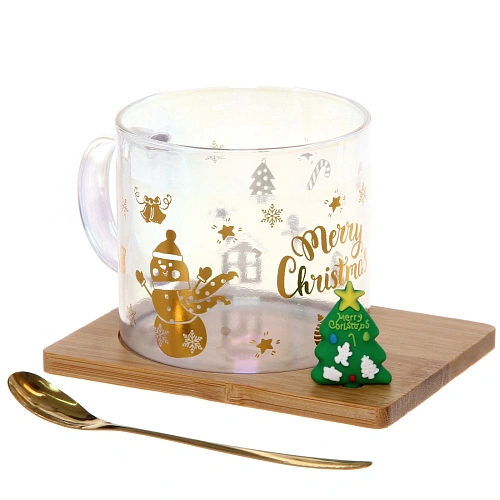 Кружка стеклянная 250мл Зимняя сказка  на бамбуковой подставке с ложкой, прозрачная_4