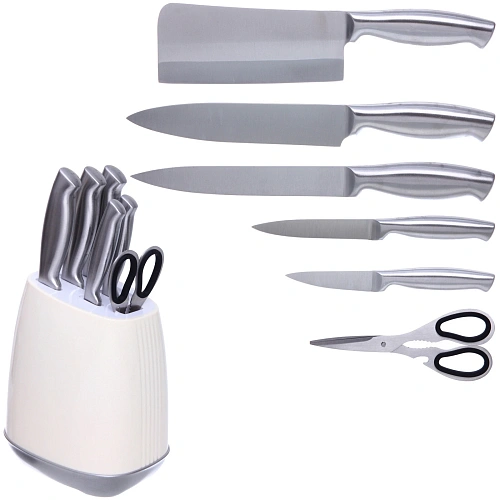 Набор ножей "SHEF" 7предметов (5ножей+ножницы+подставка), молочный