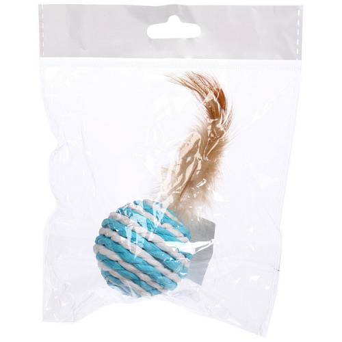 Игрушка - шарик для кошек ИГРУЛИК, перышко, цвет голубой, d-5см, длина 10см (пакет с подвесом)_5