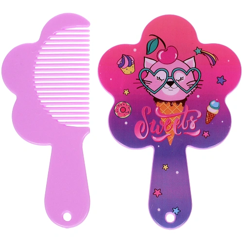 Расческа с зеркалом в наборе детские МИМИШКИ, котик, цвет розово-фиолетовый, 11см _3
