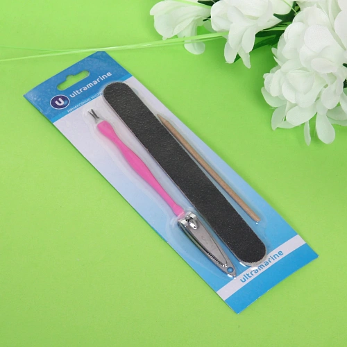 Маникюрный набор на блистере, 4 предмета Ультрамарин (пилка наждачная черная, кусачки, апельсиновая палочка и триммер)_11