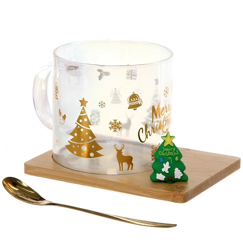 Кружка стеклянная 250мл Зимняя сказка  на бамбуковой подставке с ложкой, прозрачная_3