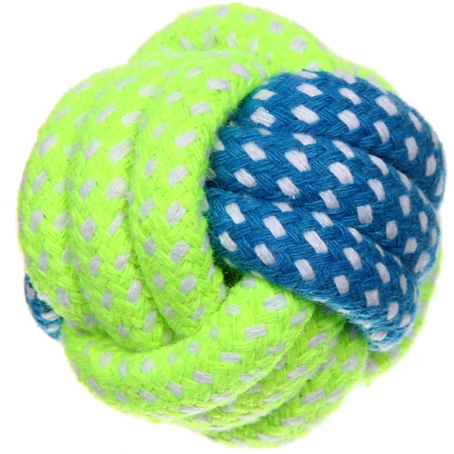 Игрушка - мячик для собак средних и мелких пород КАНАТНЫЙ ИГРУЛИК, желтыйсиний, d-6см (лейбл)_3
